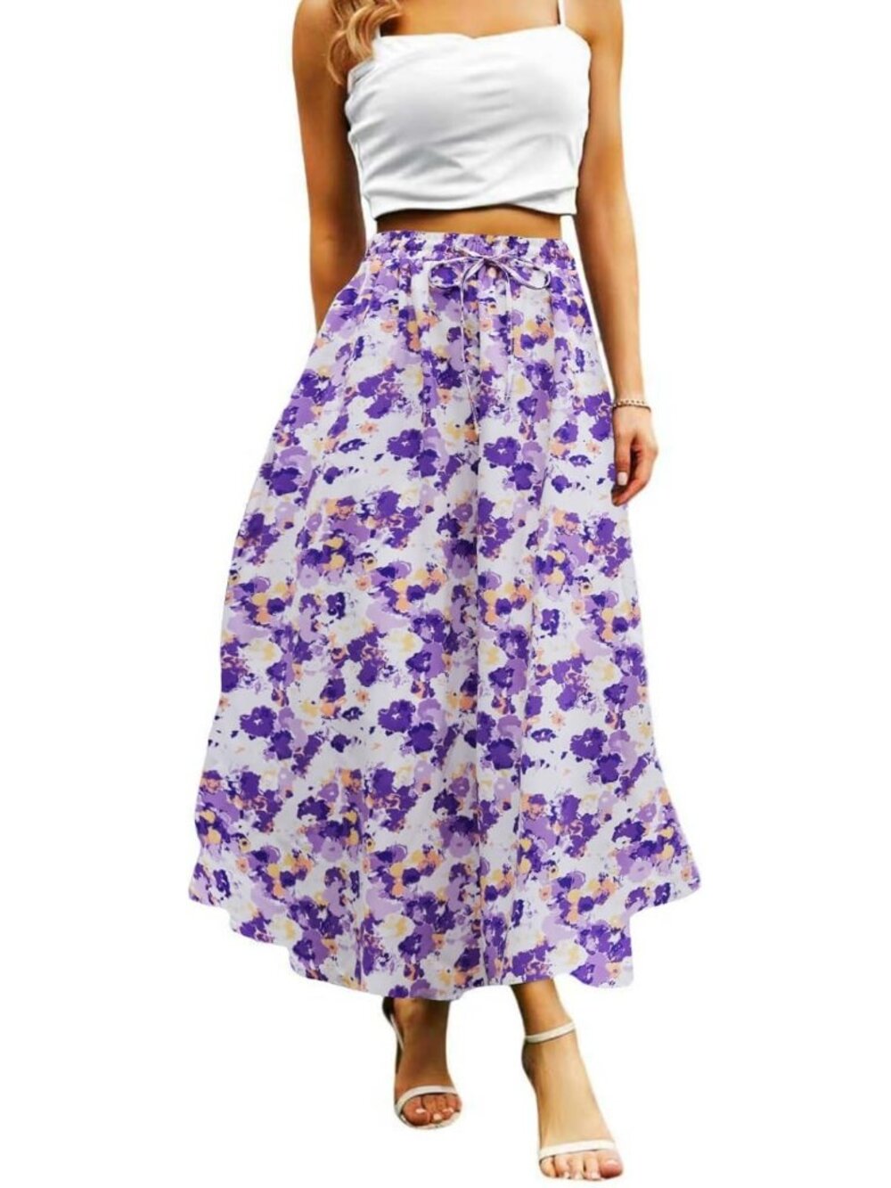 Women's Purple/White Floral Boho High Waisted Flowy Elastic Waist Midi Skirt